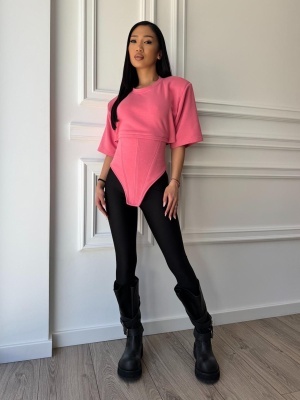 Tricou chic BRIGITA, corai,croială asimetrică și talie evidențiată, cu șnur reglabil la spate - Img 3