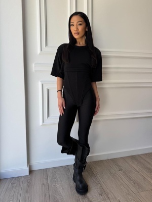 Tricou chic BRIGITA, negru, croială asimetrică și talie evidențiată, cu șnur reglabil la spate - Img 3