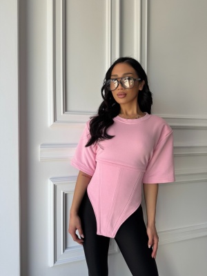 Tricou chic BRIGITA, roz,croială asimetrică și talie evidențiată, cu șnur reglabil la spate