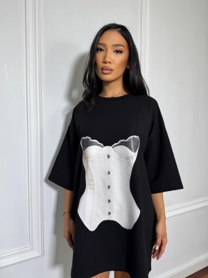 Tricou cu imprimeu NIKY, tip oversized negru - Img 2