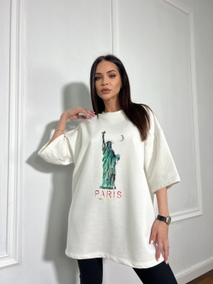 Tricou cu imprimeu tip oversize PARIS alb