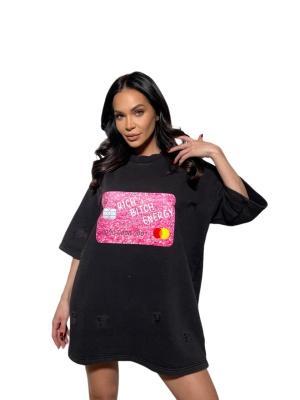 Tricou tip oversize RICH BITCH ENERGY negru