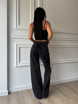 Blugi HAZEL, negru, cu croială largă și detaliu decorativ tip șnur la spate - Img 3