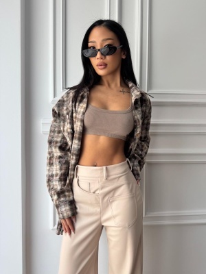 Cămașă casual AMELIA, cu mâneci lungi, ușor oversized, maro-bej în carouri - Img 2