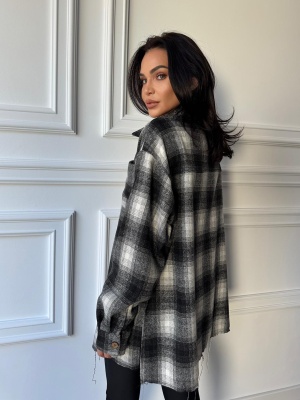 Cămașă casual CASSIA, cu mâneci lungi, ușor oversized negru-alb - Img 2