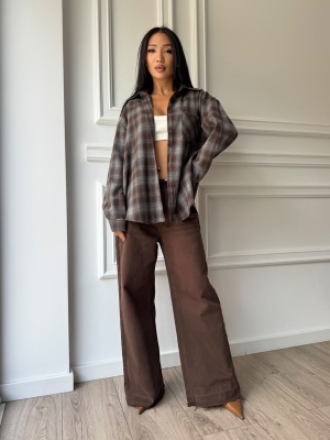 Cămașă INGRID, gri și maro, în carouri, cu croială lejeră și design oversized - Img 2