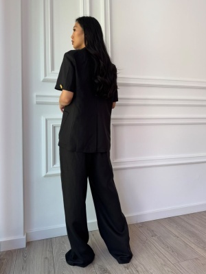 Compleu BLACK PEARL, din in, cu sacou cu mânecă scurtă și pantaloni largi - Img 2