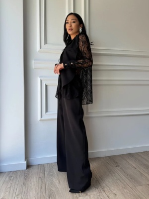 Compleu elegant NOIR LACE, cămașă cu rever tip sacou, inserții din dantelă și pantaloni lungi - Img 6
