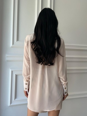 Compleu elegant NOOR, din material Barbie și voal, cu cămașă vaporoasă și pantaloni scurți nude rose - Img 2