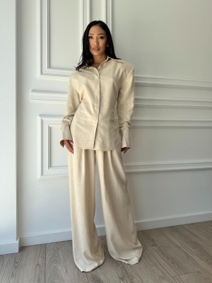 Compleu KALYSSA din material fluid, 2 piese, cămașă și pantaloni tip oversized crem