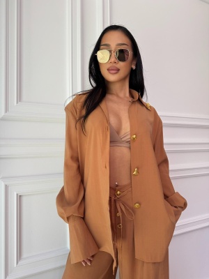 Compleu lung, 2 piese, cămașă și pantaloni largi din cupro ELARA BELLE caramel - Img 4