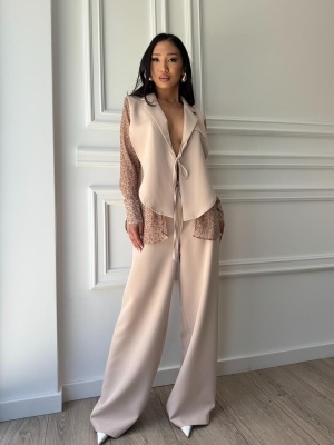 Compleu lung, 2 piese, cămașă și pantaloni tip oversize AURORA FLOW bej