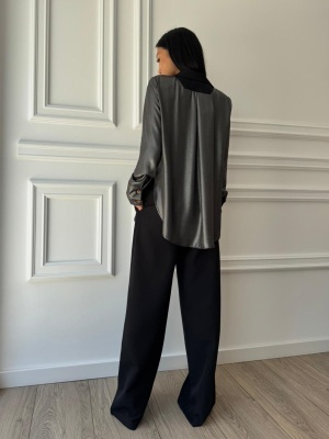 Compleu lung, 2 piese, cămașă și pantaloni tip oversize DARK ORCHID negru - Img 2