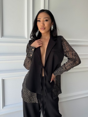 Compleu lung, 2 piese, cămașă și pantaloni tip oversize TWILIGHT FLOW negru - Img 3
