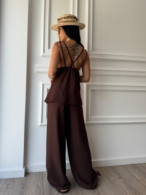 Compleu MELISSA, mocha, top cu bretele și pantaloni palazzo, cu croială fluidă - Img 2