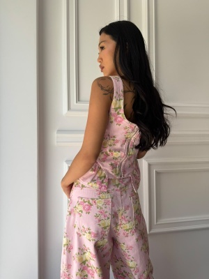 Compleu MIREYA, roz floral, din denim, cu top cambrat și pantaloni wide leg - Img 3