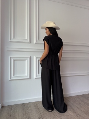 Compleu NADINE, negru, elegant, cu bluză petrecută și pantaloni palazzo - Img 2