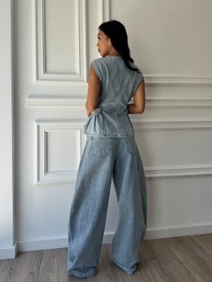Compleu OLIWIA din denim, albastru deschis, cu top cambrat și pantaloni wide leg - Img 2