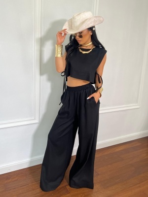 Compleu RANIA, negru, din in natural, top lejer și pantaloni largi pentru zile călduroase - Img 2
