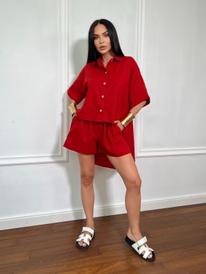 Compleu scurt, din in, 2 piese, camasa tip oversize ANTONELLA rosu - Img 3
