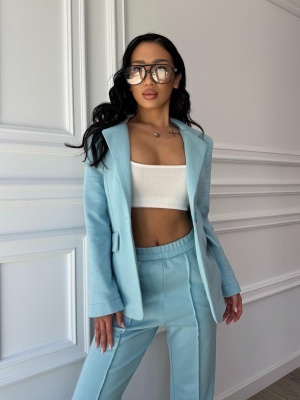Compleu turcoaz VIVIAN, din bumbac premium, sacou elegant și pantaloni evazați - Img 3