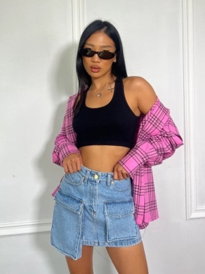 Fustă KHOLE din denim, cu talie înaltă și buzunare aplicate - Img 1