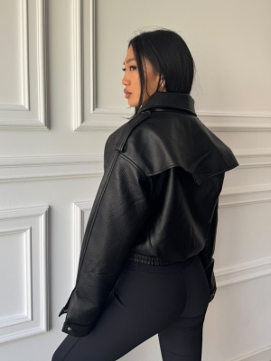 Geacă SORAYA din piele ecologică, neagră, croială oversized și guler înalt - Img 3