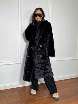 Haină de blană eco OLGA, tip palton lung, elegant, oversized, neagră