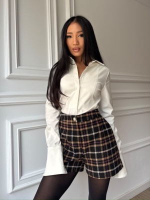 Pantaloni scurți ANGELA, cu talie înaltă și imprimeu tartan