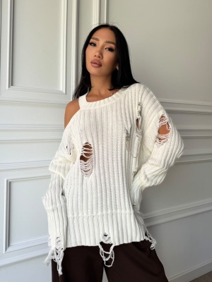 Pulover AMELINE tricotat cu efect distressed, alb, croială oversized și design asimetric