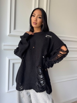 Pulover EVELINA tricotat cu efect distressed, negru, croială oversized și detalii decorative