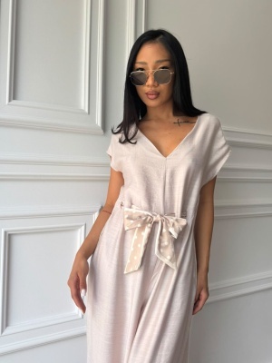 Salopetă AMANDA, roz pal, cu pantaloni largi, decolteu în V și spate decupat - Img 3