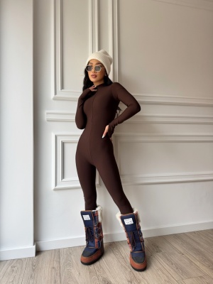 Salopetă modelatoare vatuita VIVIEN, cu mâneci lungi, mulată, maro - Img 3