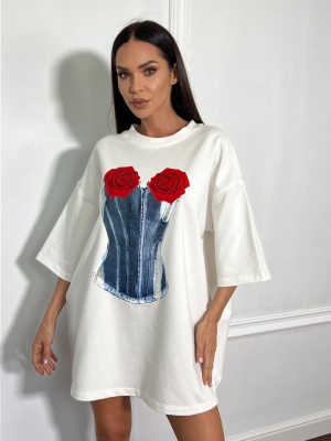 Tricou cu imprimeu ROSE, tip oversize alb