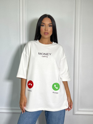 Tricou "Money calling..." oversize alb unisex - Img 1