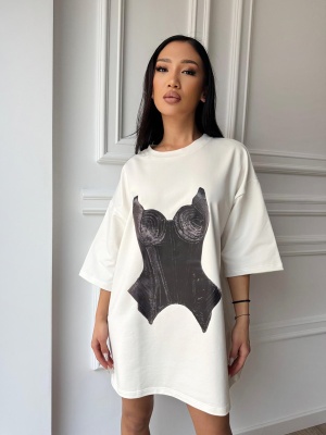 Tricou tip rochie oversized SONYA, cu print corset, super statement, sexy-cool