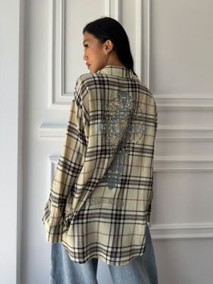 Cămașă casual ALIONA, cu mâneci lungi, ușor oversized, beige în carouri - Img 2