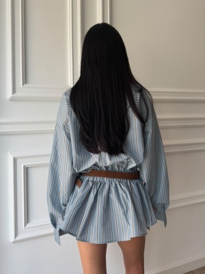 Cămașă-rochie NATALI, cu croială oversized, talie evidențiată și imprimeu în dungi - Img 2