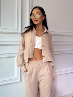 Compleu din muselină SANTORINI LOVE, cămașă scurtă și pantaloni largi nude rose - Img 3