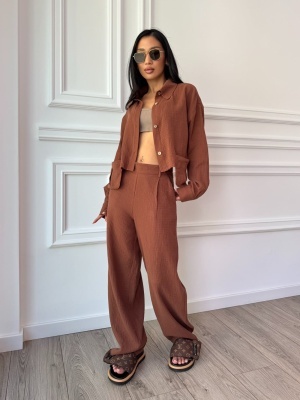 Compleu din muselină SANTORINI LOVE, cămașă scurtă și pantaloni largi camel