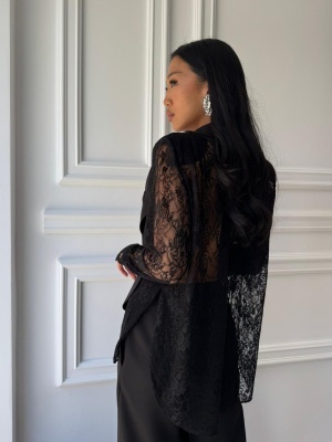 Compleu elegant NOIR LACE, cămașă cu rever tip sacou, inserții din dantelă și pantaloni lungi - Img 3