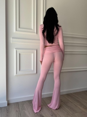 Compleu KAIA, roz, din vâscoză cu bumbac și elastan, cu top cropped și pantaloni evazați - Img 4