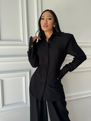Compleu KALYSSA din material fluid, 2 piese, cămașă și pantaloni tip oversized negru - Img 3