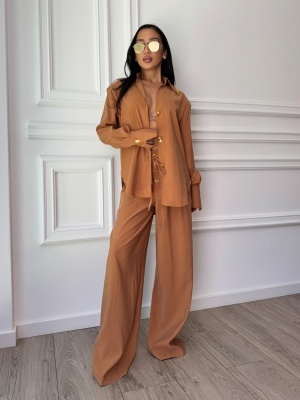 Compleu lung, 2 piese, cămașă și pantaloni largi din cupro ELARA BELLE caramel