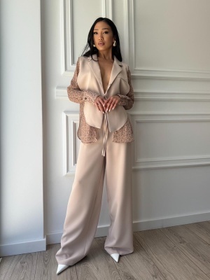 Compleu lung, 2 piese, cămașă și pantaloni tip oversize AURORA FLOW bej - Img 8