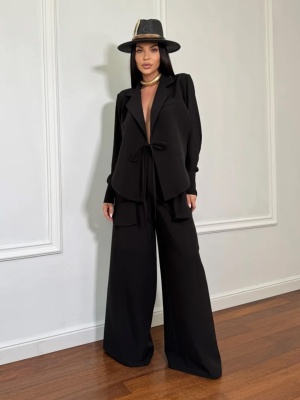 Compleu lung, 2 piese, cămașă și pantaloni tip oversize SUNSHINE FLOW negru - Img 1