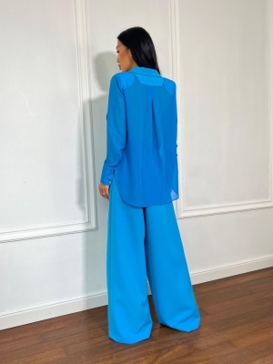 Compleu lung, 2 piese, cămașă și pantaloni tip oversize SUNSHINE FLOW albastru electric - Img 4