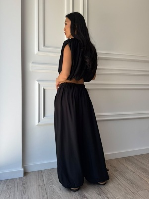 Compleu MAELLE, negru, cu top drapat și pantaloni palazzo - Img 2