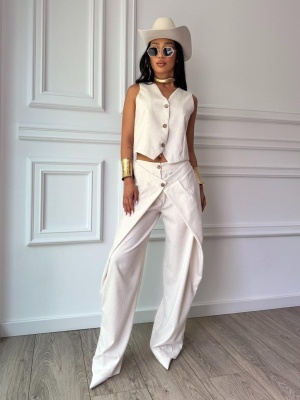 Compleu MARIVELLE, din in, două piese, crem natur, vestă și pantaloni largi cu detaliu petrecut