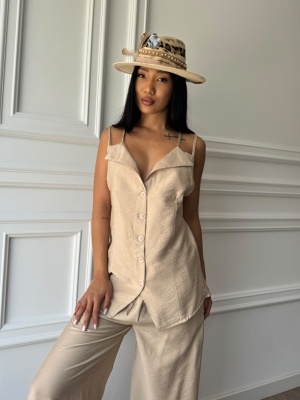 Compleu MELISSA, bej, top cu bretele și pantaloni palazzo, cu croială fluidă - Img 4